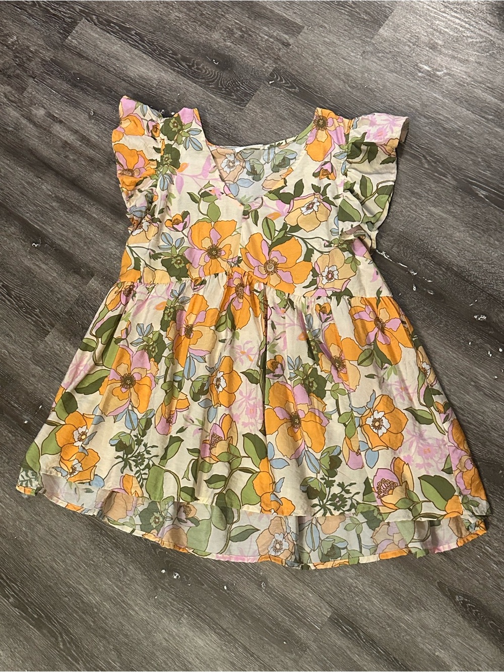 mittoshop Floral Flutter-Sleeve Top - Orange, Green, Pink